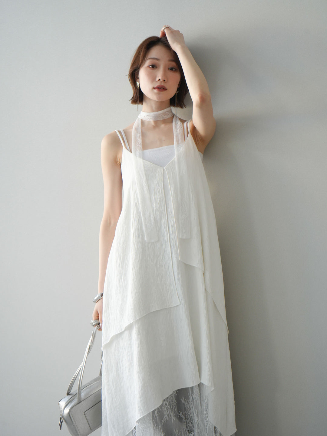 [予約]レース切替アシンメトリーワンピース/white
