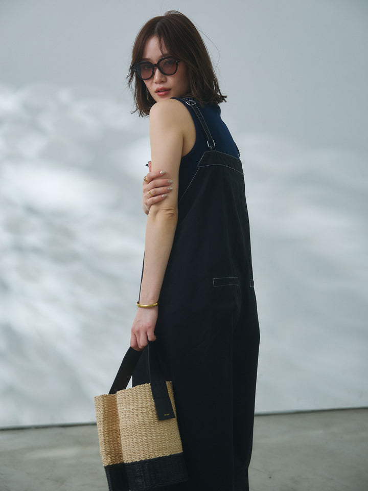 [予約]カットオフコットンツイル配色ステッチサロペット/black