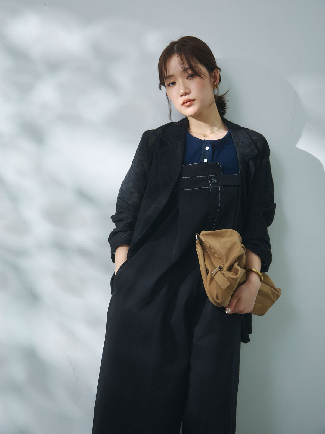 [予約]カットオフコットンツイル配色ステッチサロペット/black