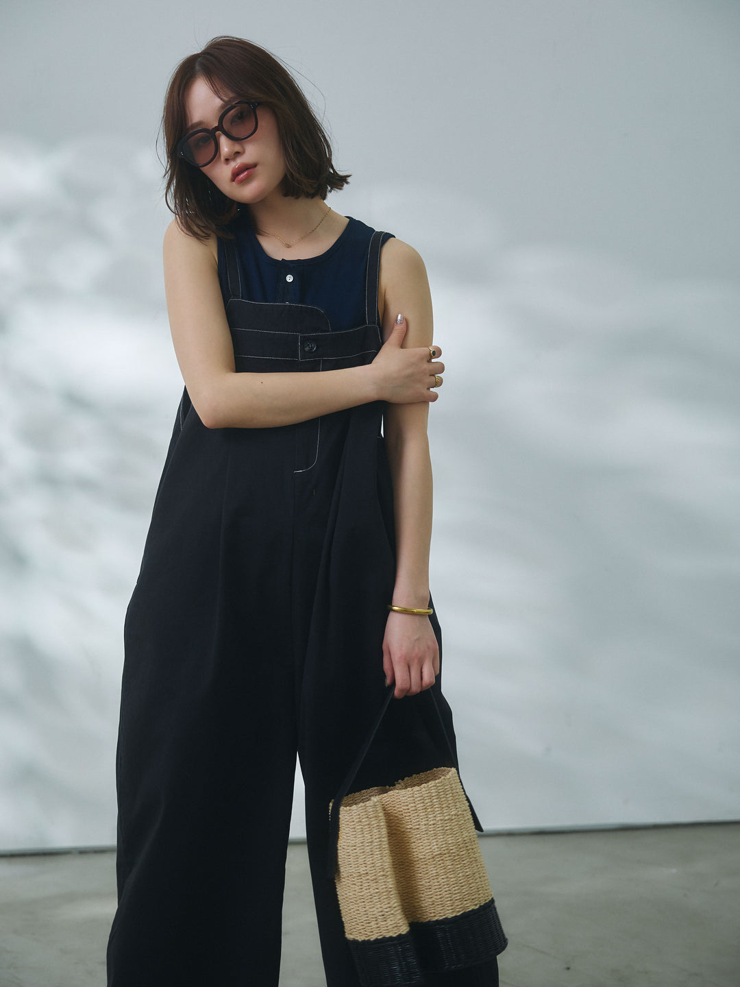 [予約]カットオフコットンツイル配色ステッチサロペット/black