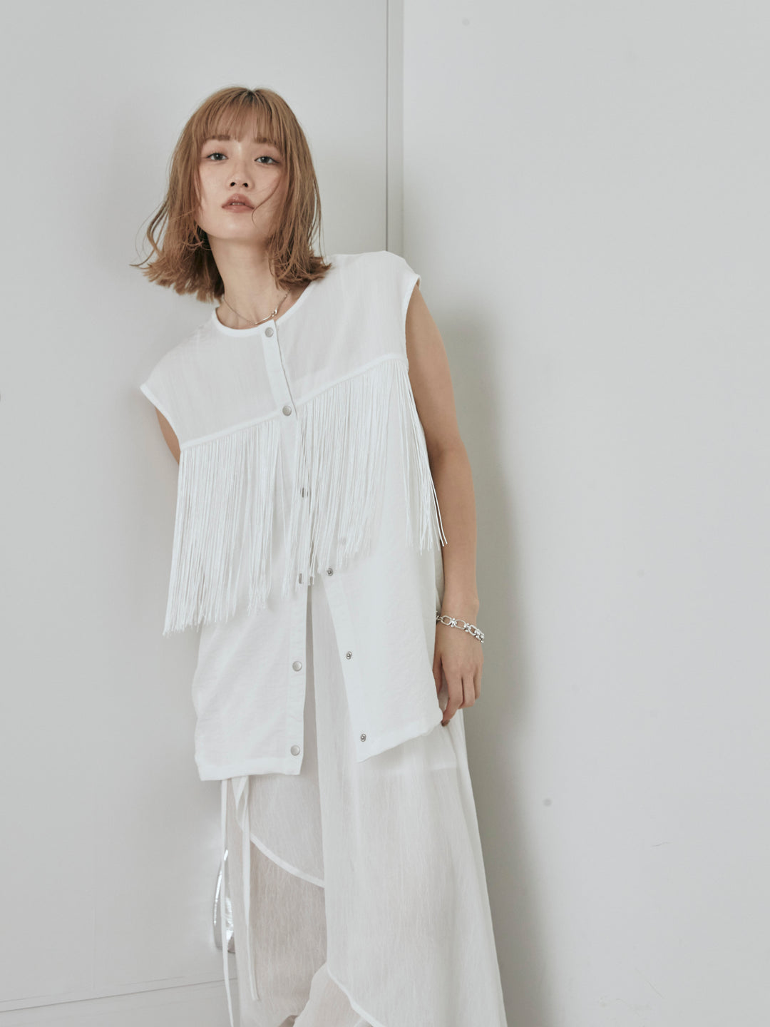 [SET]フリンジノースリブラウス+シアーワッシャーラップデザインパンツ(2set)