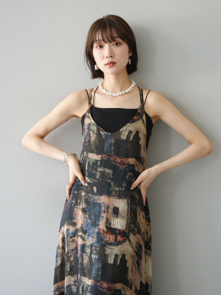 [SET] Nuanced pattern back cross camisole dress + double strap cut rib bra camisole (2set)