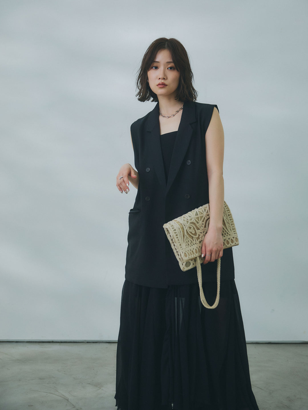 【Allure】[SET]ボウタイシアーキャミワンピース+杢調ミディ丈テーラードジレ(2set)