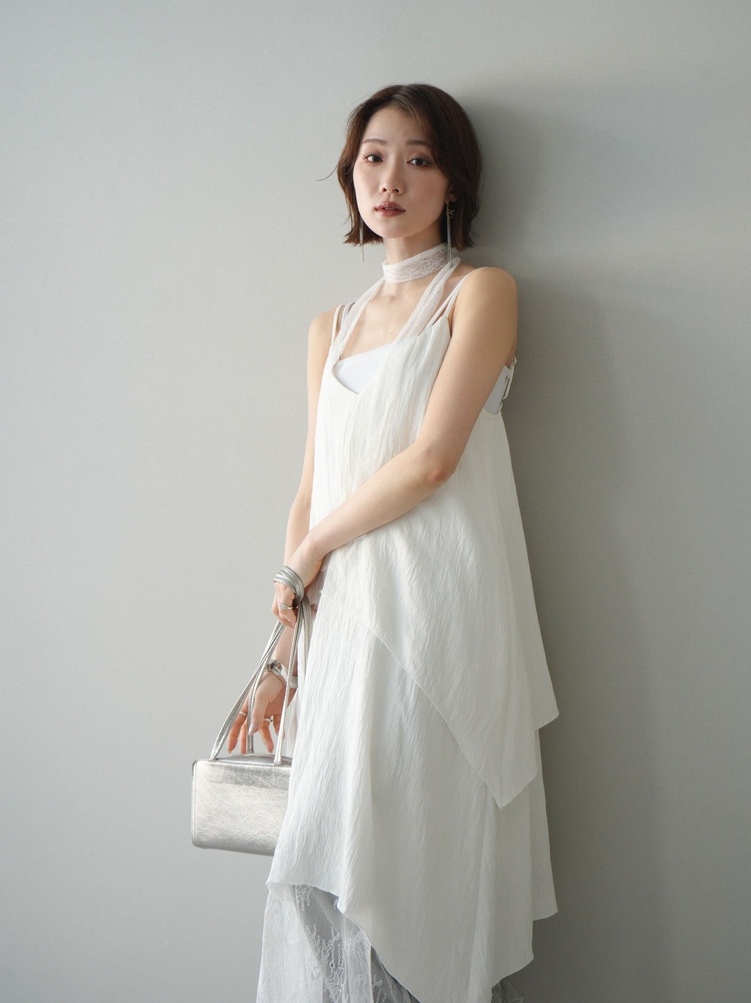[予約]レース切替アシンメトリーワンピース/white
