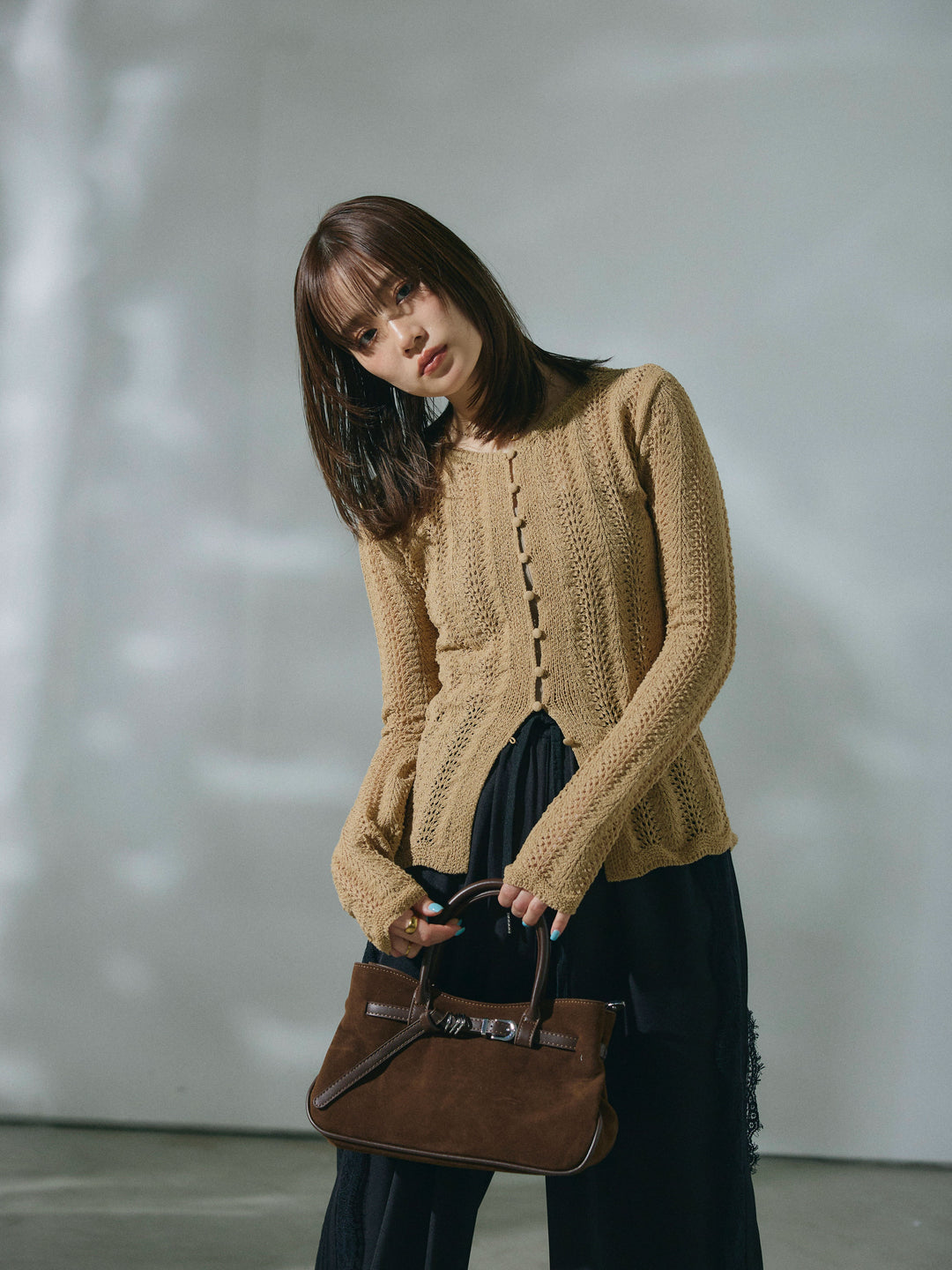 [予約]透かし編みニットカーディガントップス/beige