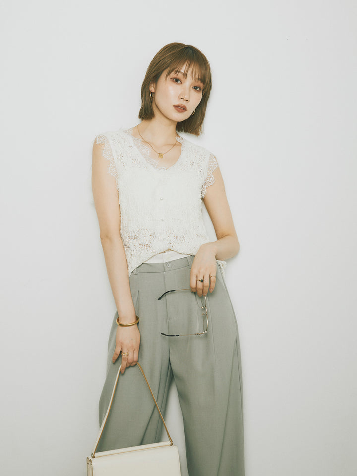 【Allure】[SET]レース切替テープヤーンノースリーブトップス+マーベルトワイドパンツ(2set)