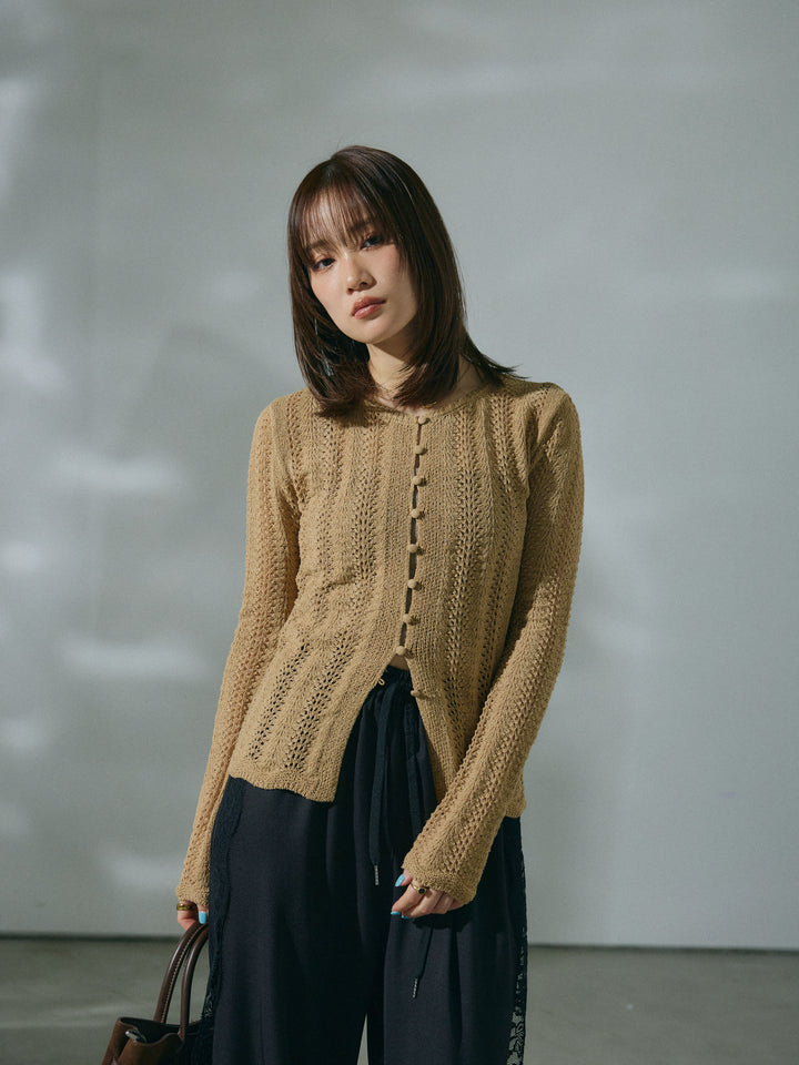 [予約]透かし編みニットカーディガントップス/beige