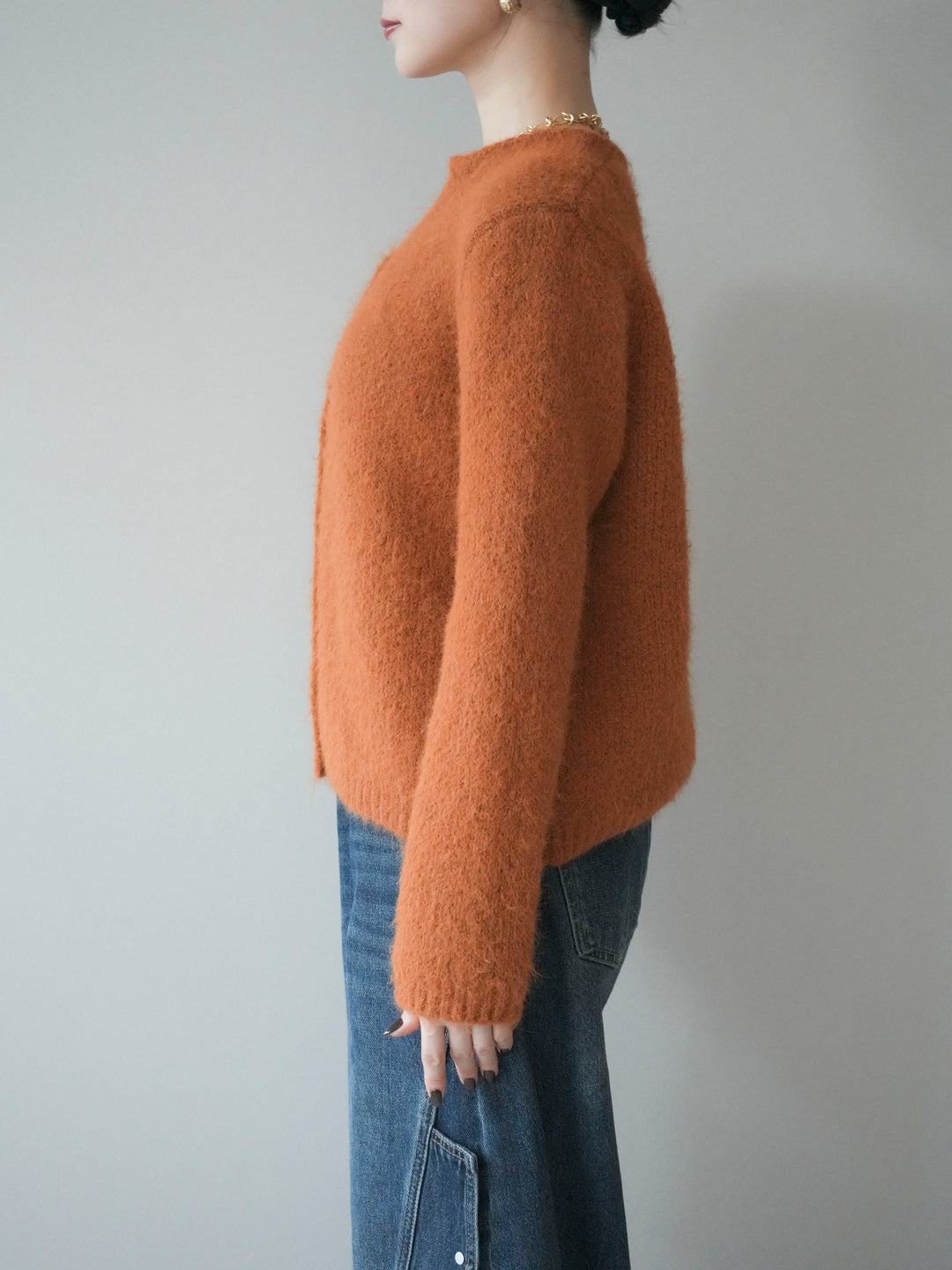 [予約]キーネックシャギーニットカーディガン/camel