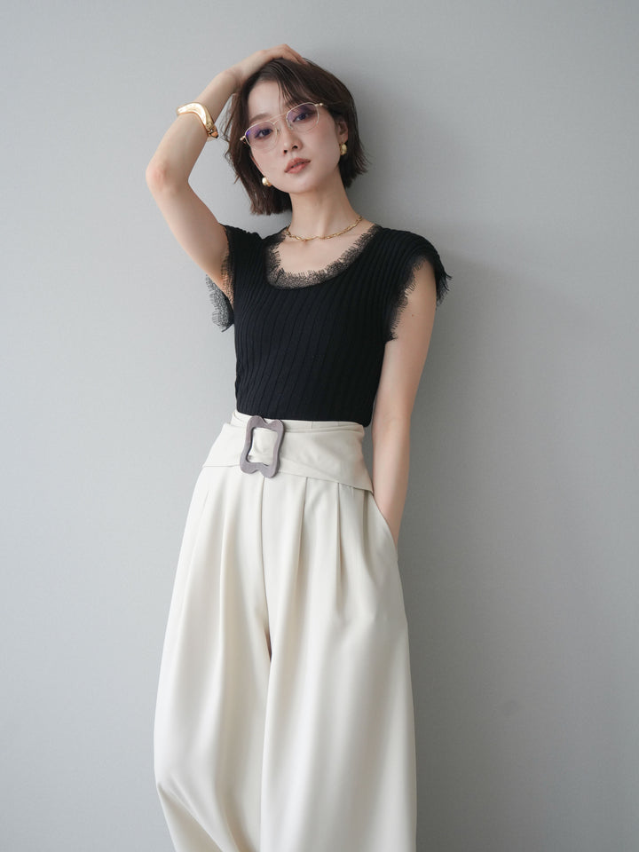 [予約]レーストリムリブニットトップス/black
