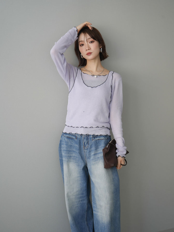 [予約]バイカラーメローアンサンブルシアーニットトップス/purple