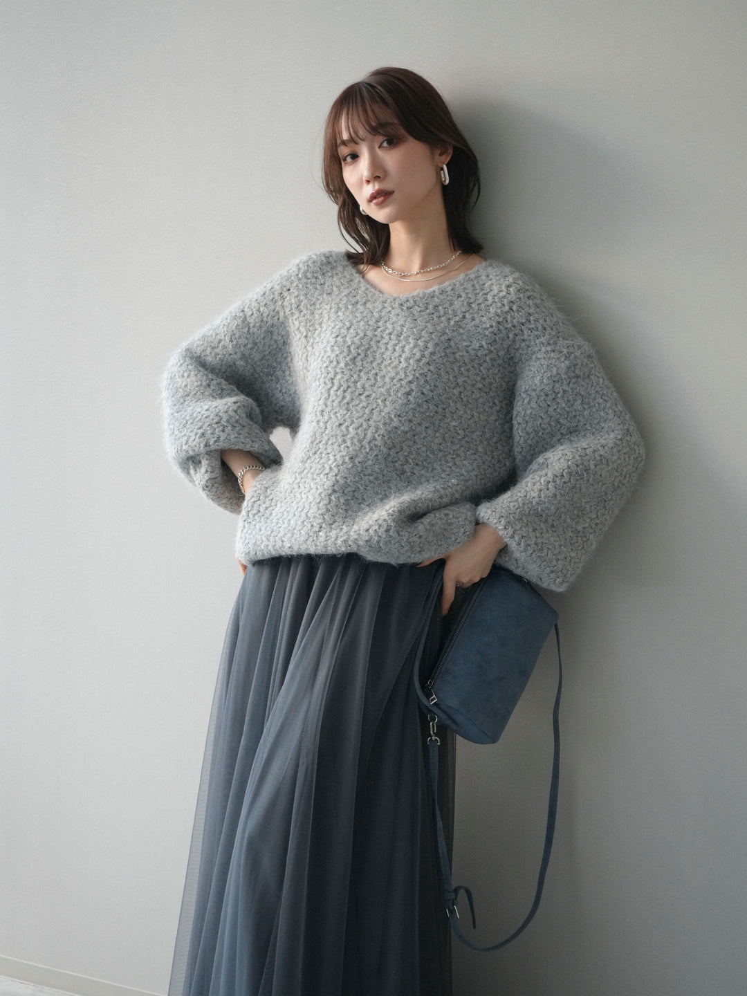 [予約]ウールタッチラメミックスヤーンVネックニットプルオーバー/lightgray
