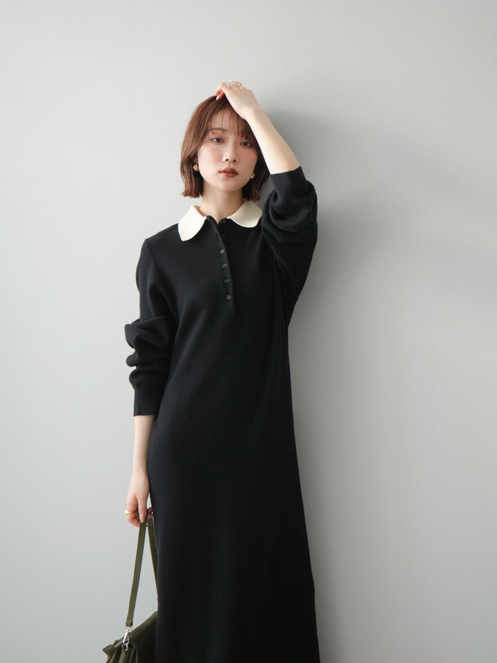 [予約]配色ポロニットワンピース/black