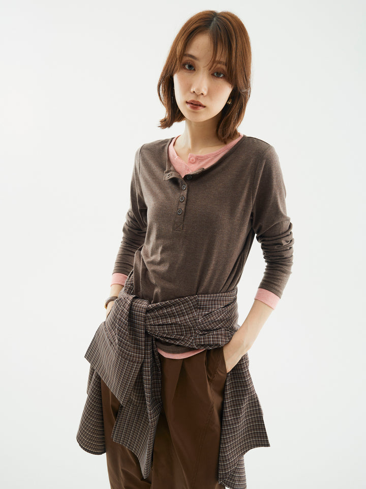 【Allure】[SET]配色レイヤードヘンリーネックトップス+タフタワイドカーブパンツ+チェックBIGカフスオーバーシャツ(3set)