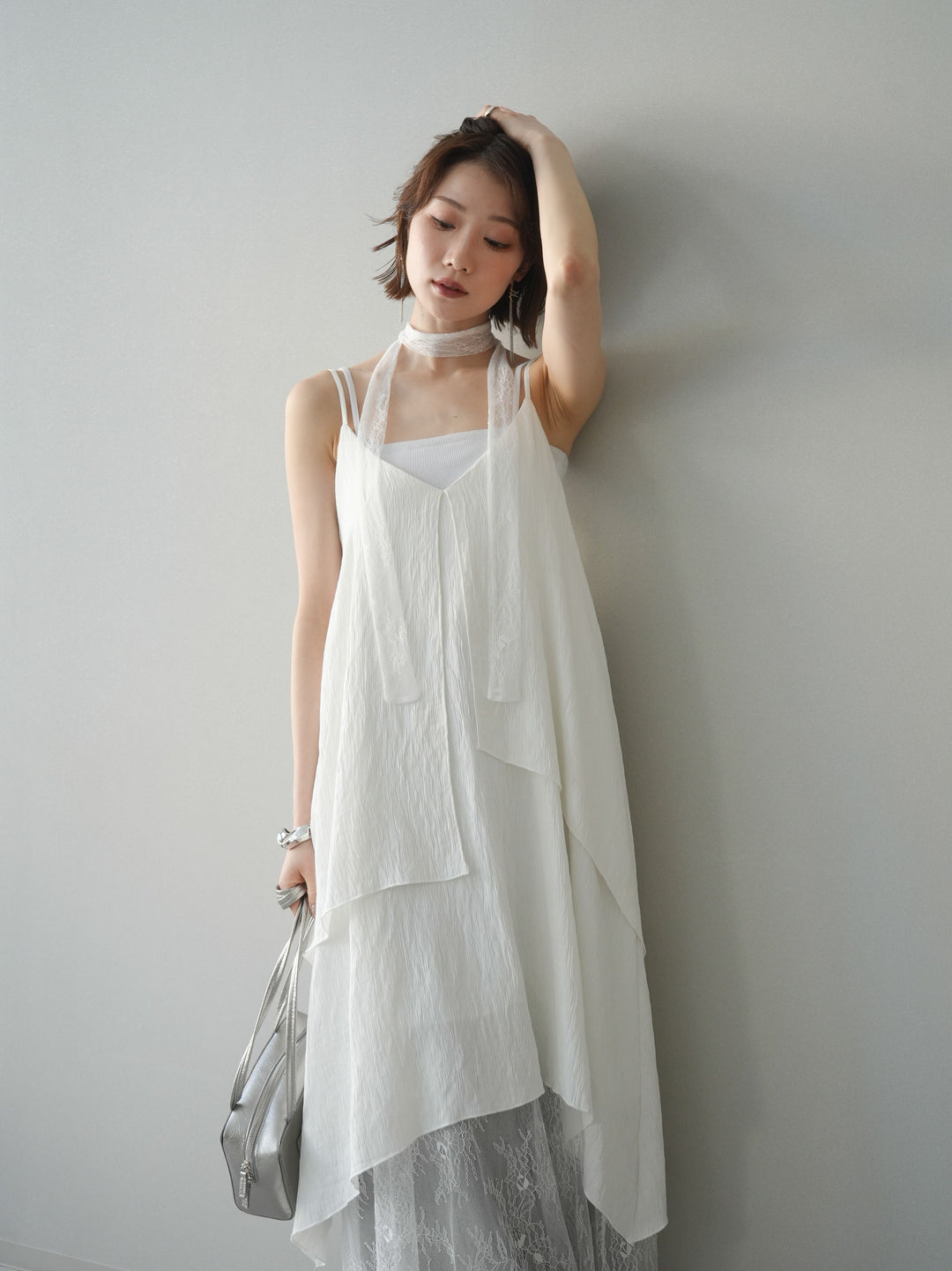 [予約]レース切替アシンメトリーワンピース/white