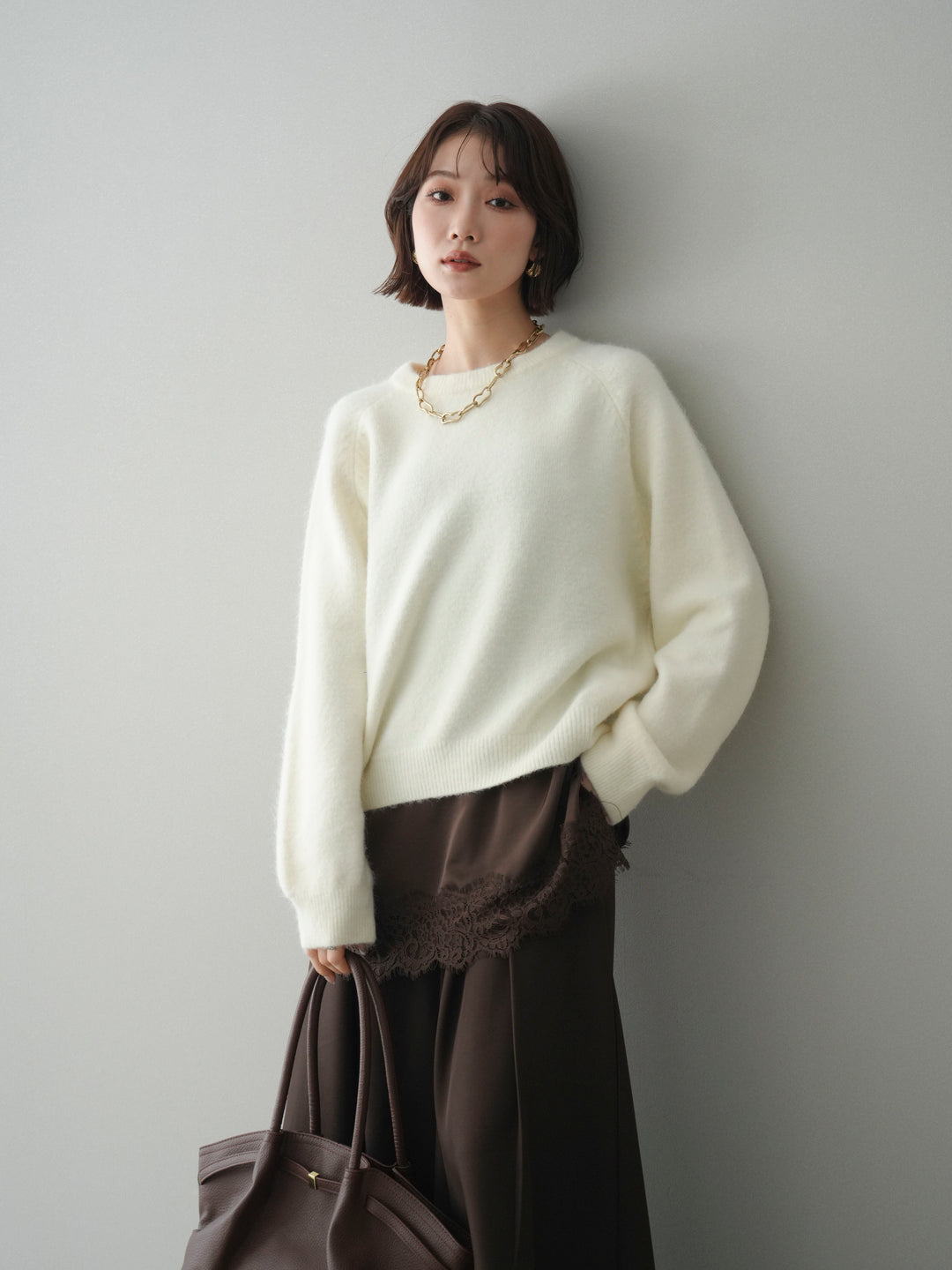 [予約]クルーネックモチモチニットプルオーバー/white