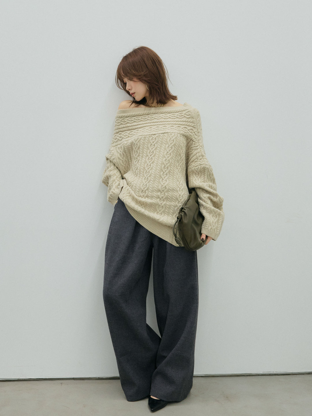 【Allure】[SET]ケーブルワンショルニットプルオーバー+ケーブルワンショルニットプルオーバー(2set)