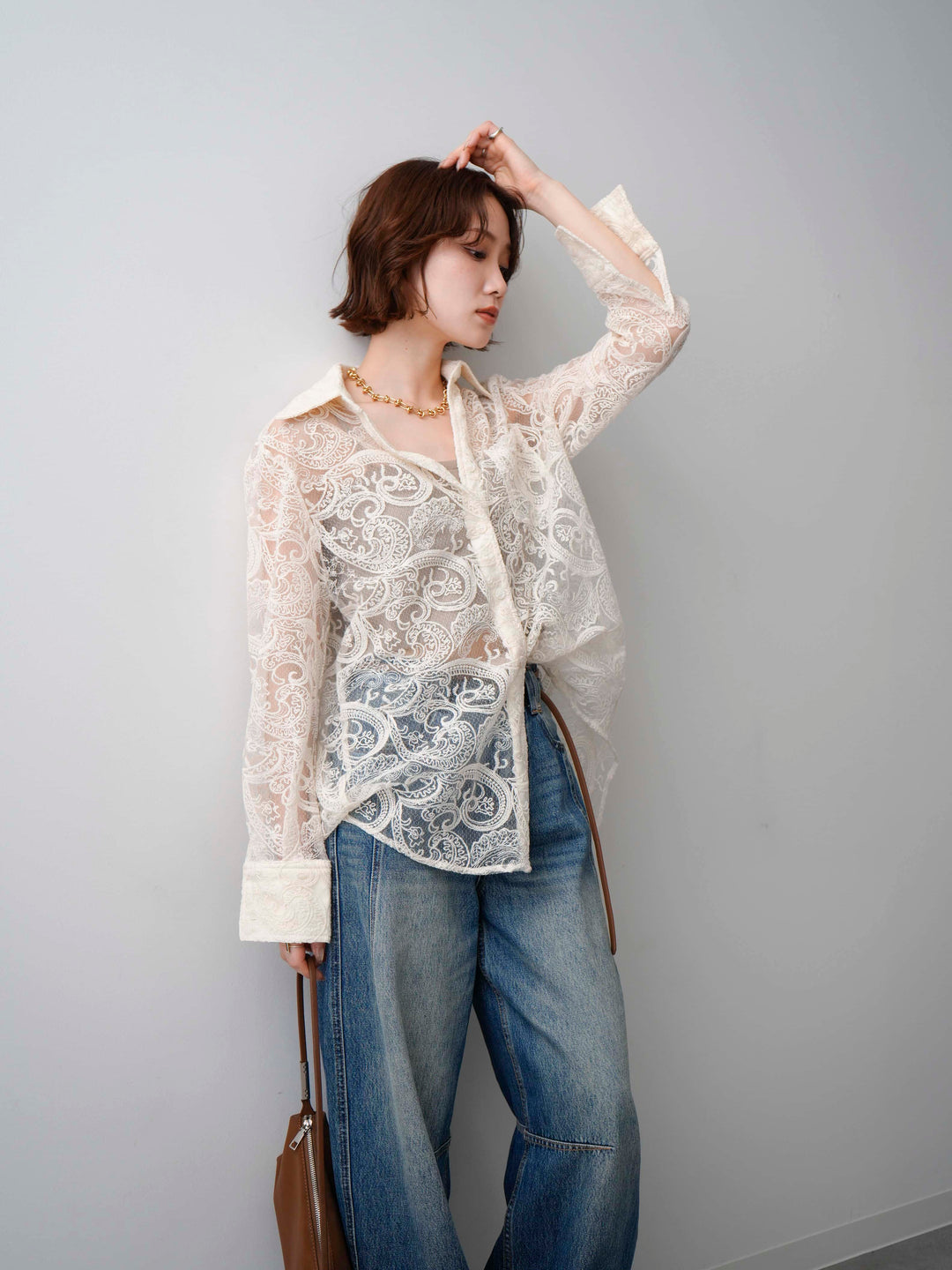 【預購】薄紗佩斯利刺繡長袖襯衫 / 象牙色