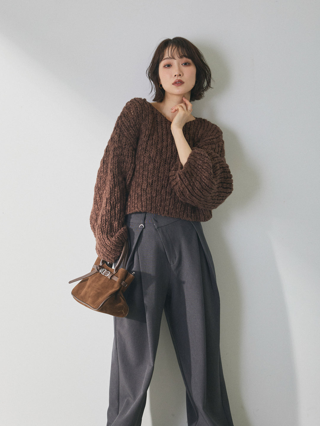 [予約]クロップドチャンキースラブニットプルオーバー/brown