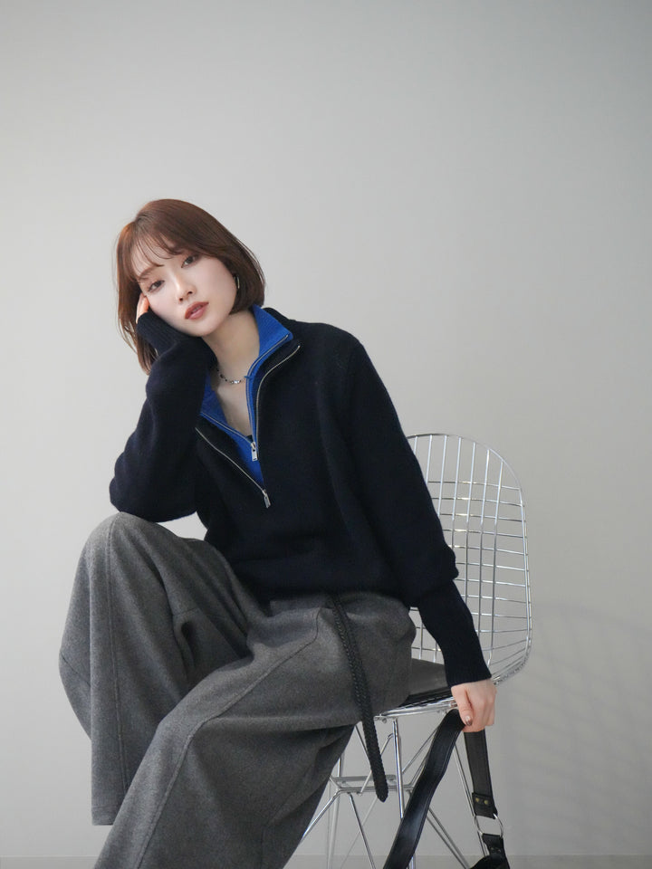 [予約]ウールxカシミヤハーフジップダブルネックニットプルオーバー/navyblue