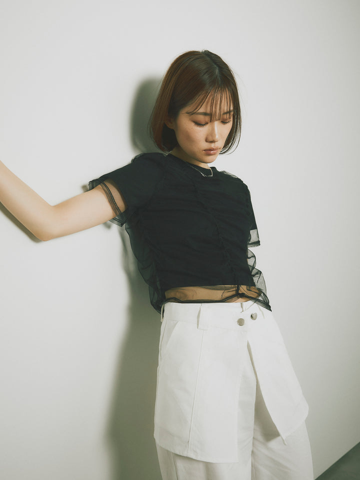 【Allure】[SET]シャーリングチュールレイヤードTシャツ+シャーリングチュールレイヤードTシャツ(2set)