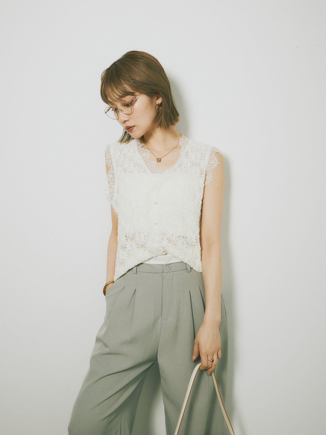 【Allure】[SET]レース切替テープヤーンノースリーブトップス+レース切替テープヤーンノースリーブトップス(2set)