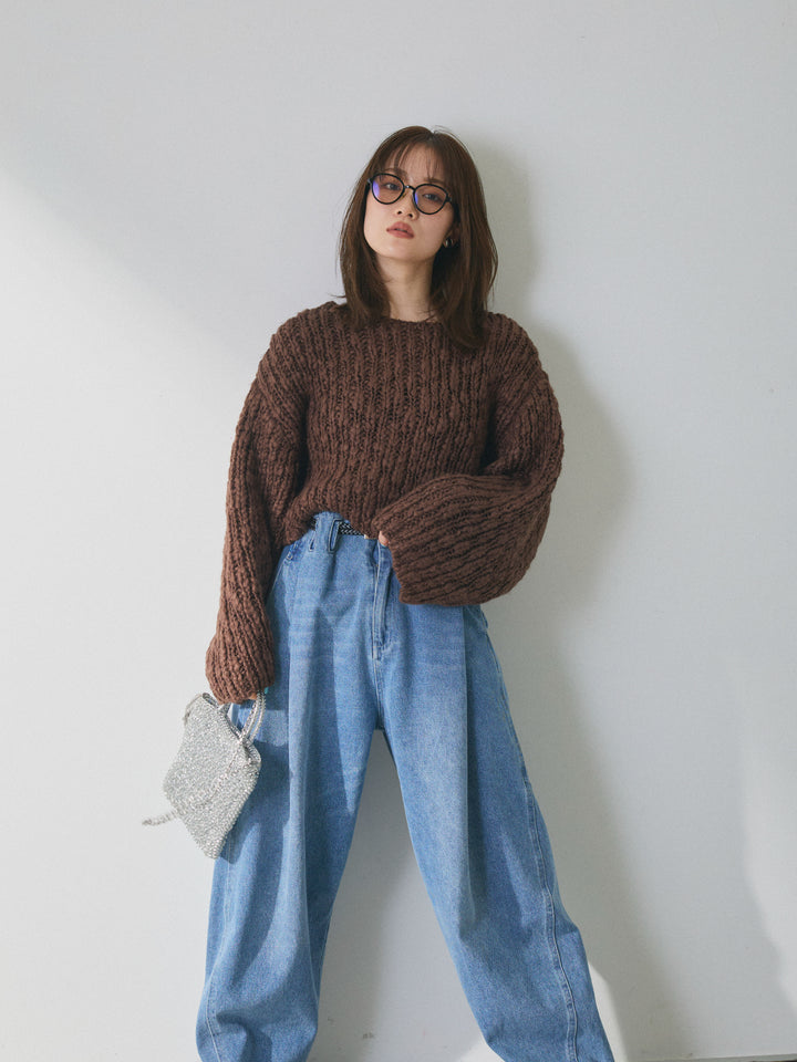 【Allure】[SET]クロップドチャンキースラブニットプルオーバー+ハイウエストベルトループデザインデニムパンツ(2set)