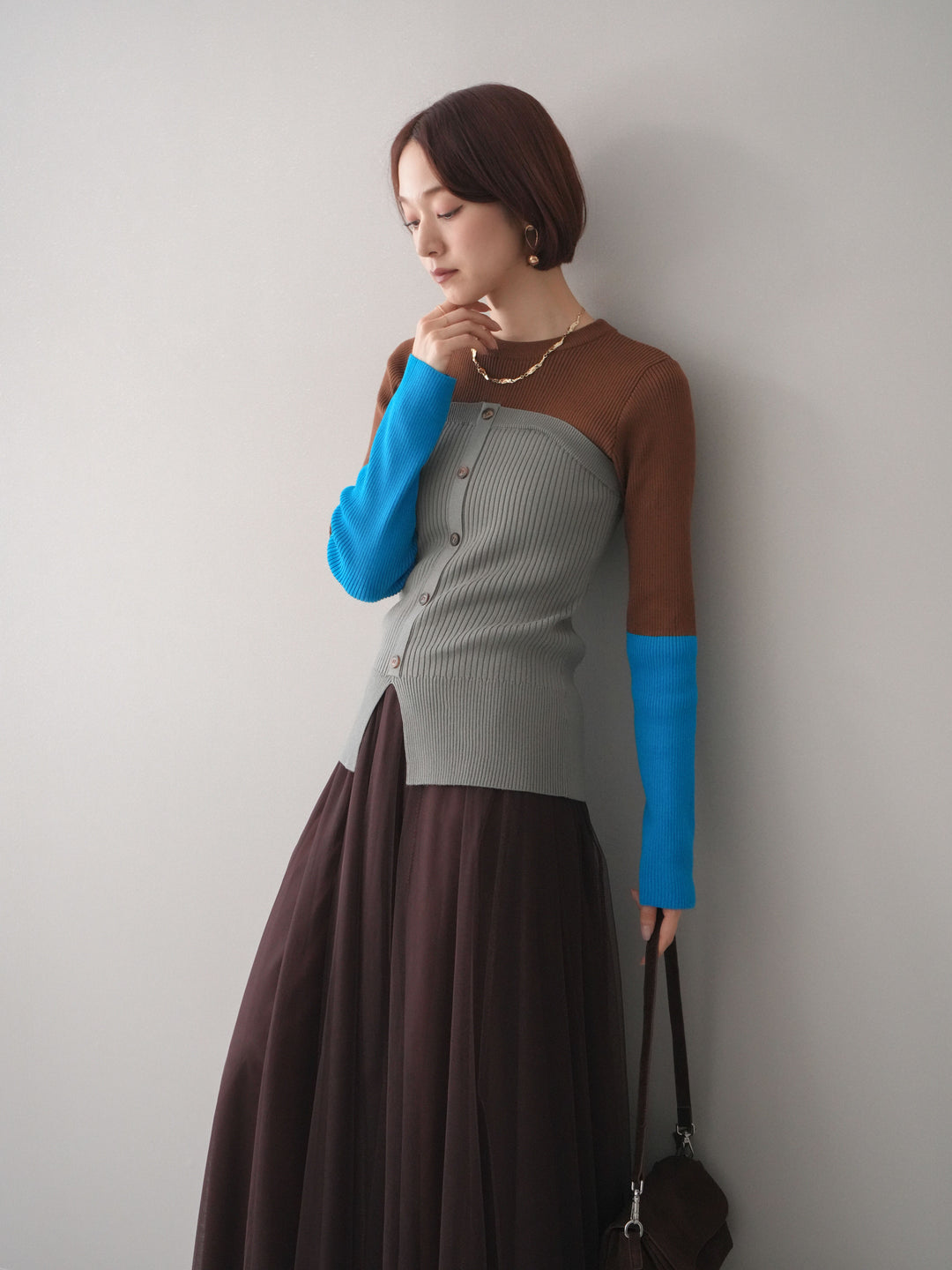 [予約]配色ビスチェドッキングリブニットトップス/brown