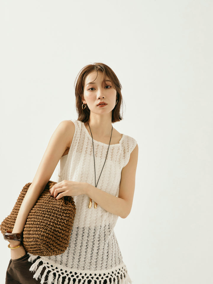 【Allure】[SET]フリンジ透かし編みニットベスト+リネンライクベイカーバルーンパンツ(2set)