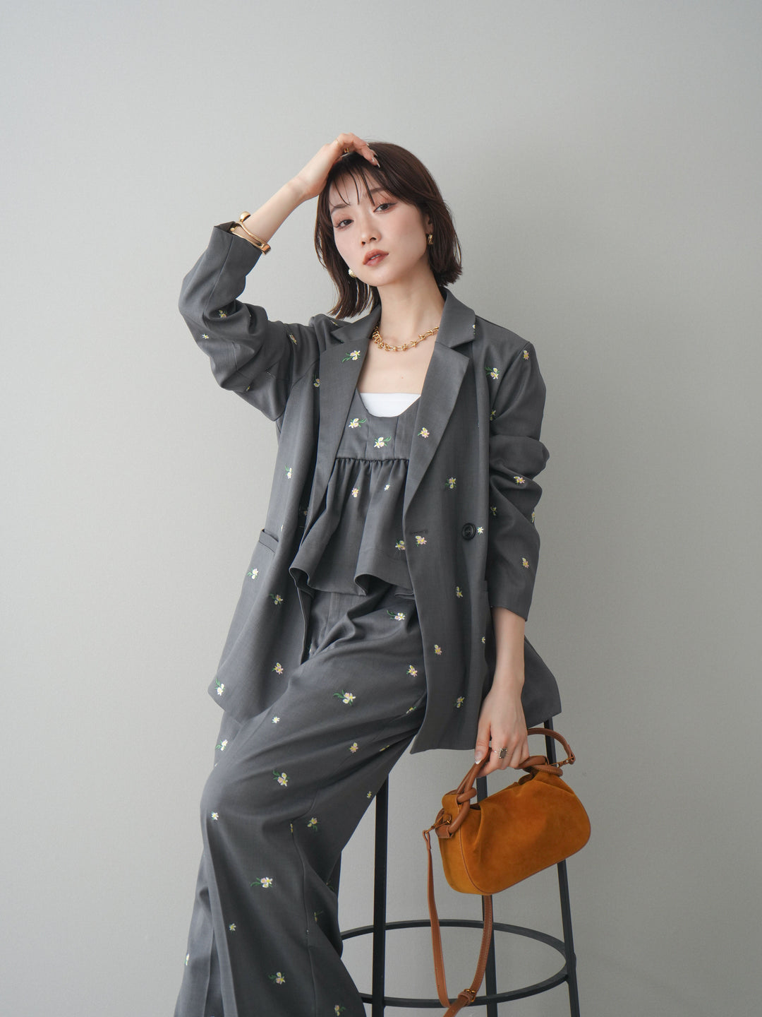 [予約]フラワー刺繍テーラードジャケット/gray