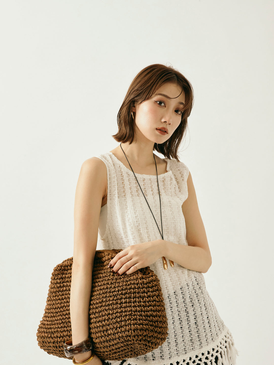 【Allure】[SET]フリンジ透かし編みニットベスト+リネンライクベイカーバルーンパンツ(2set)