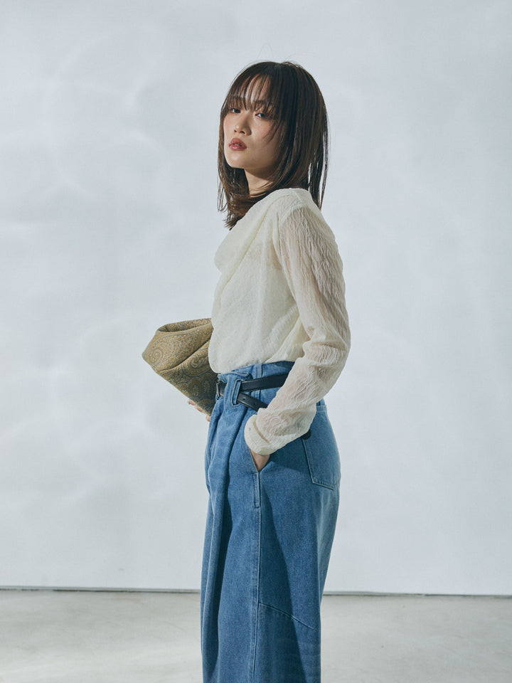 【Allure】[SET]ストレッチレースドレープトップス+ハイウエストベルトループデザインデニムパンツ(2set)