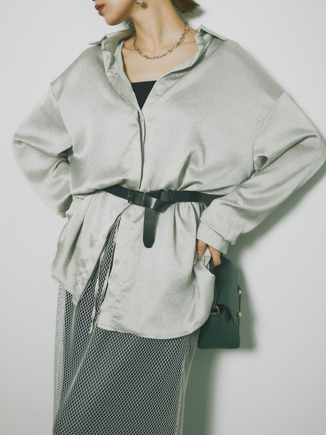 【Allure】[SET]サテンタッチワッシャーオーバーシャツ+メッシュレイヤードスカート(2set)