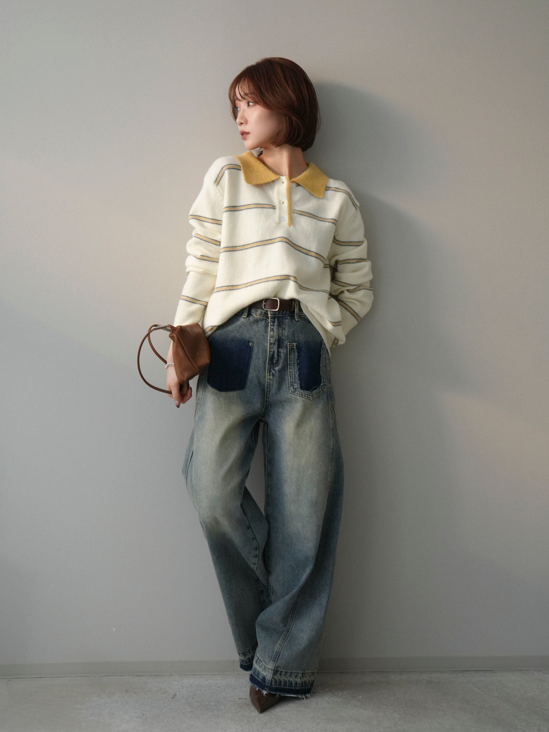 [予約]バイカラーボーダーポロニットプルオーバー/offwhite