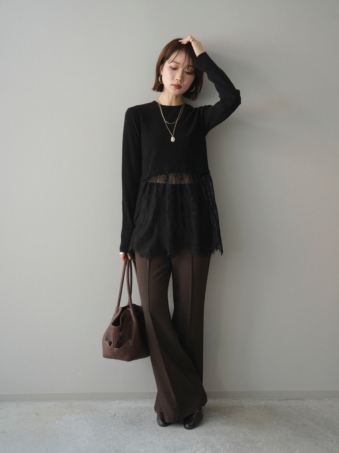 [予約]クルーネックレースドッキングリブニットトップス/black