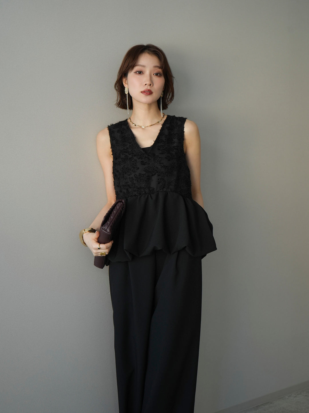 [予約]ジャガードレースぺプラムドッキングサロペット/black