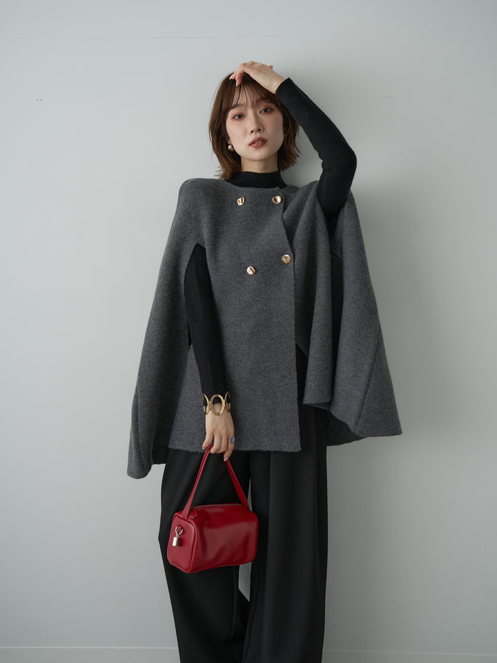 [SET]ゴールドボタンニットケープコート+リブモックネックニットトップス(2set)