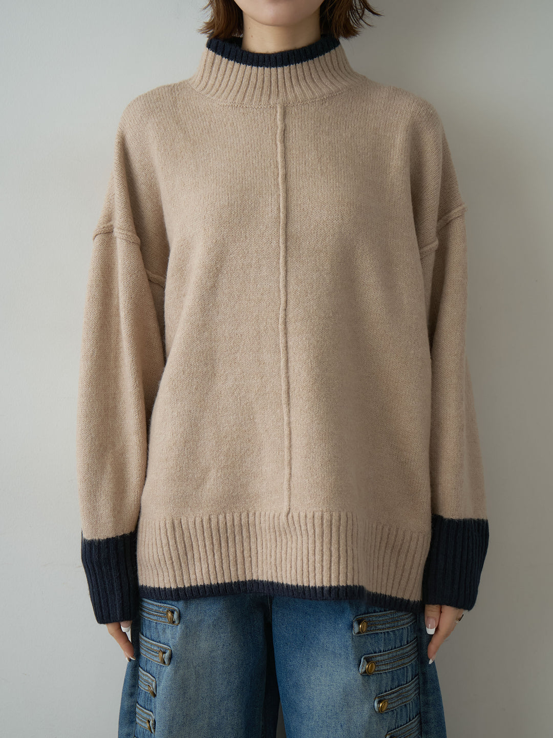 [予約]センターラインバイカラーワイドニットトップス/beige