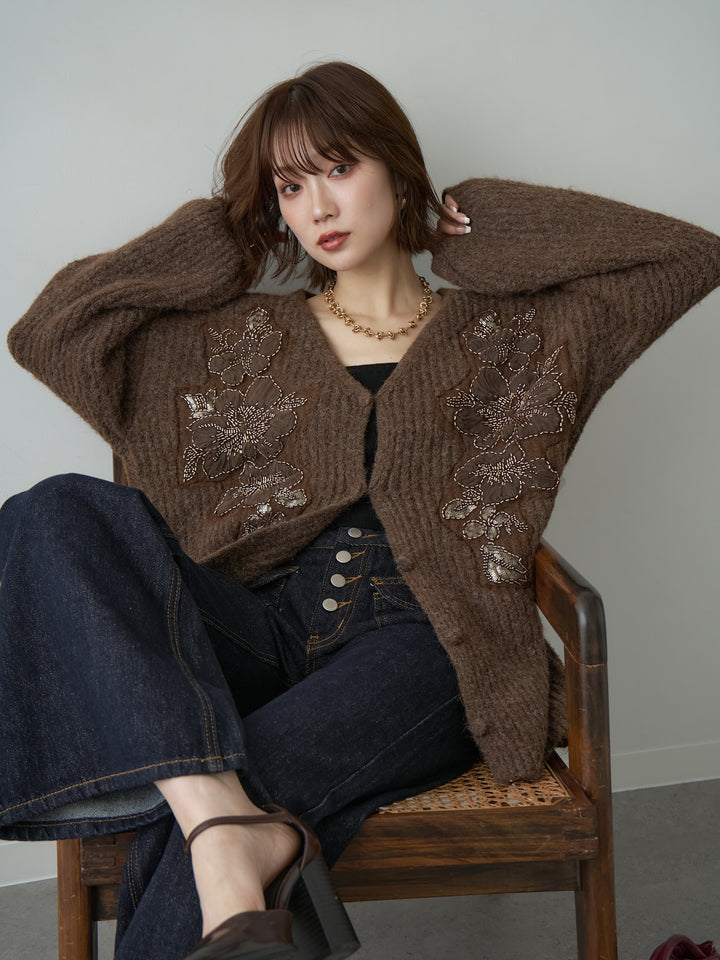 [予約]フローラルビーズニットロングカーディガン/brown