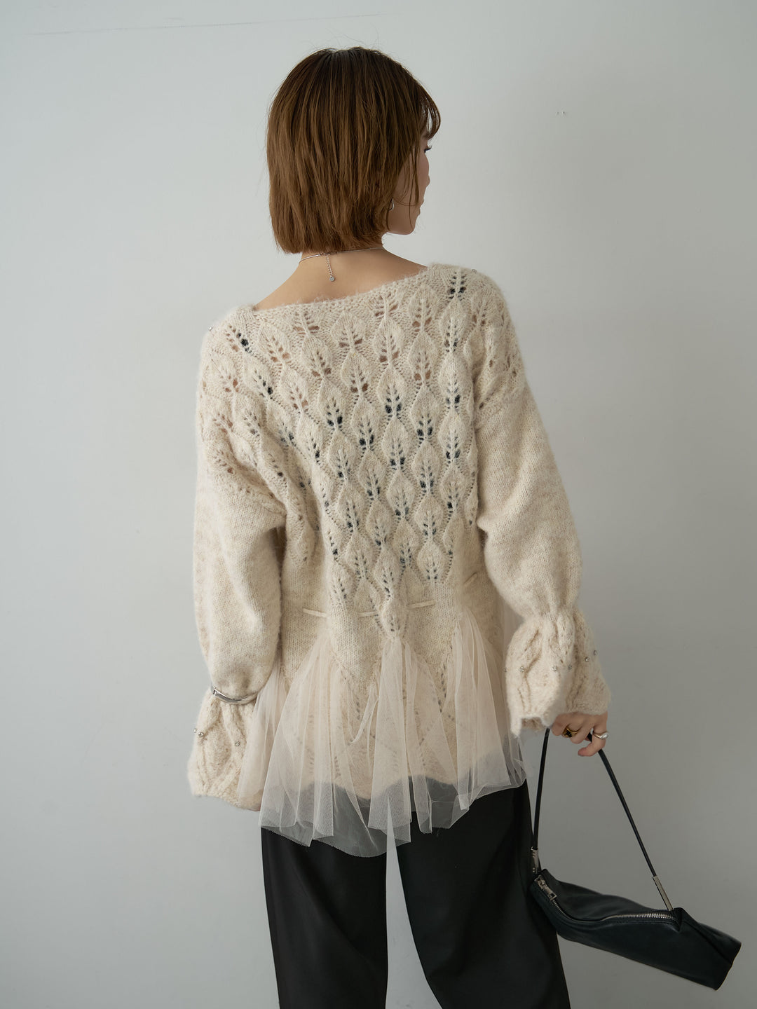 [予約]ラインストーンチュールヘムニットトップス/beige