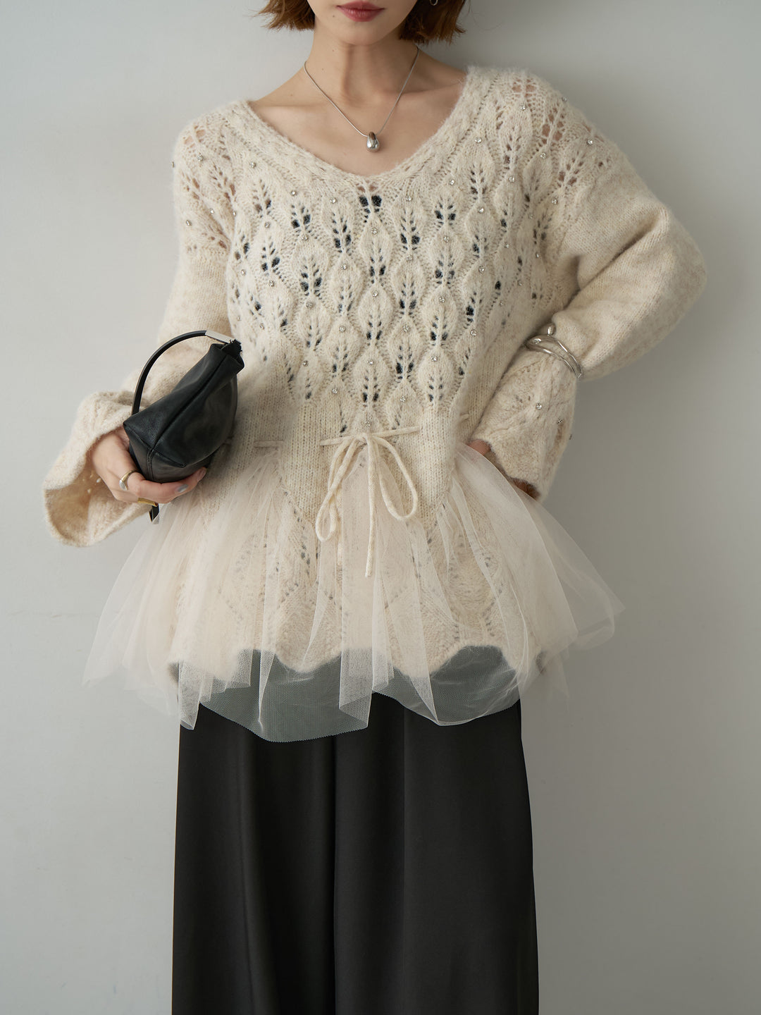 [予約]ラインストーンチュールヘムニットトップス/beige