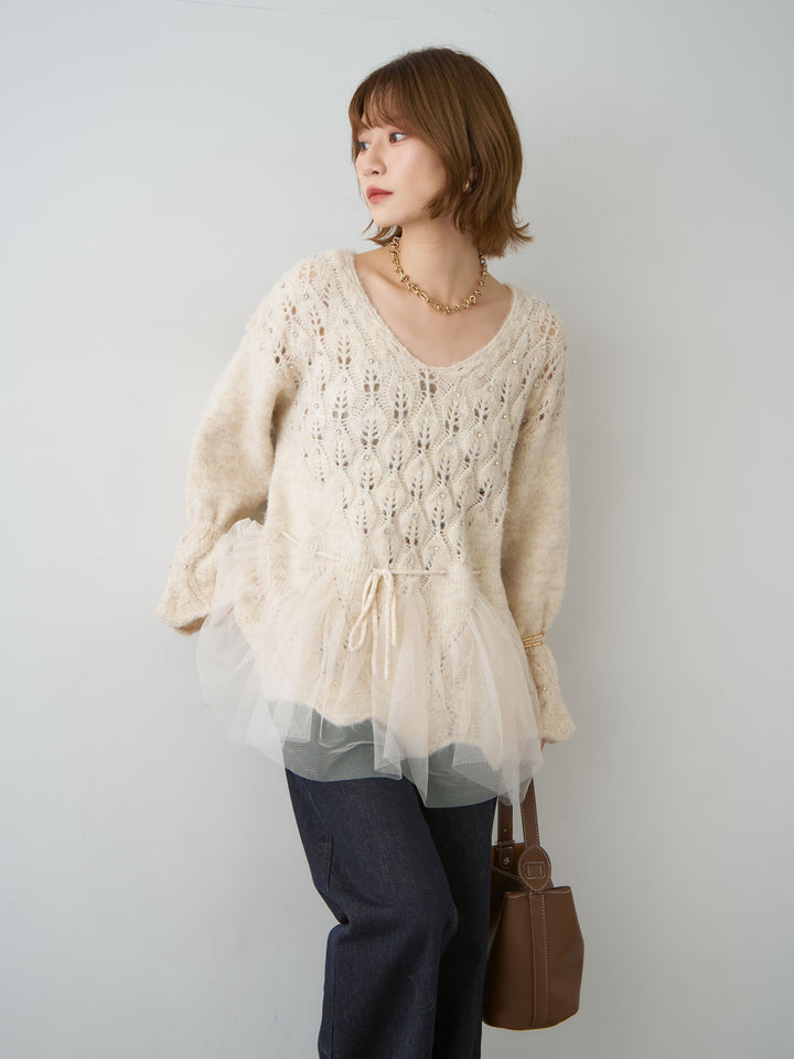 [予約]ラインストーンチュールヘムニットトップス/beige