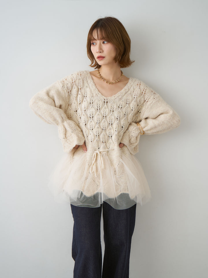 [予約]ラインストーンチュールヘムニットトップス/beige