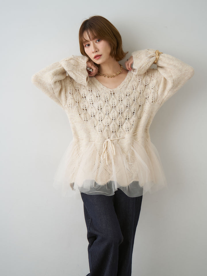 [予約]ラインストーンチュールヘムニットトップス/beige