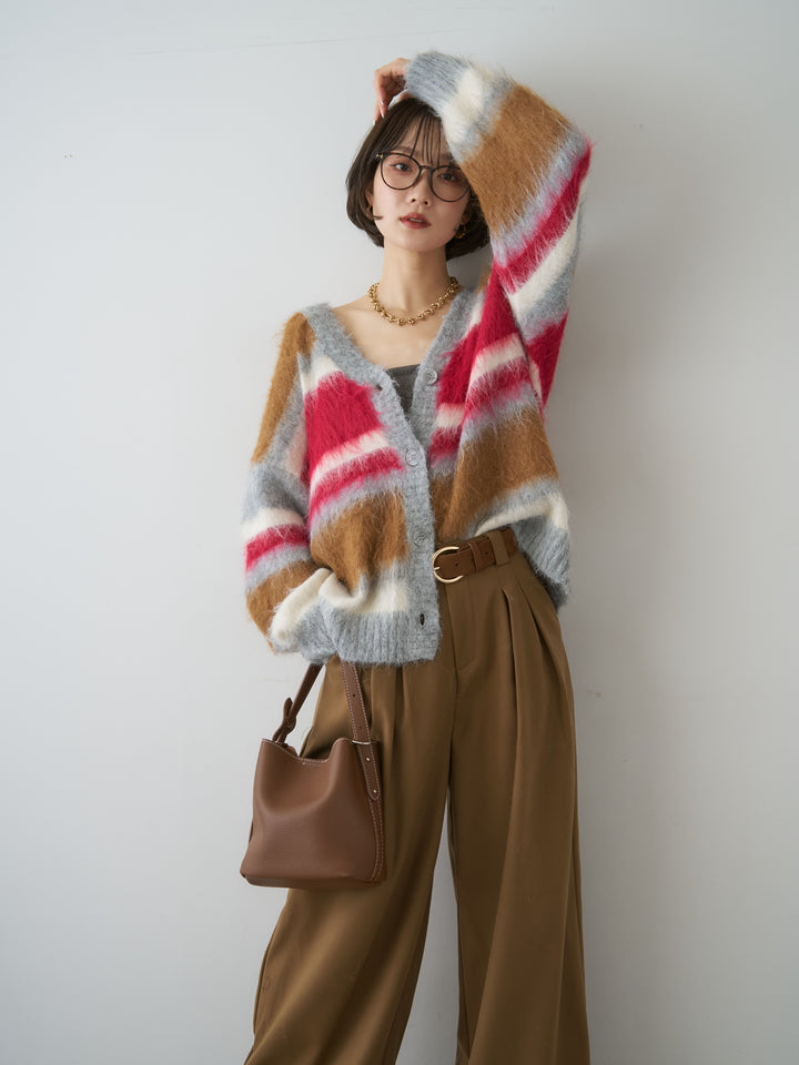 [SET]カラフルシャギーボーダーカーディガン+ダブルタックドレープストレートワイドパンツ(2set)