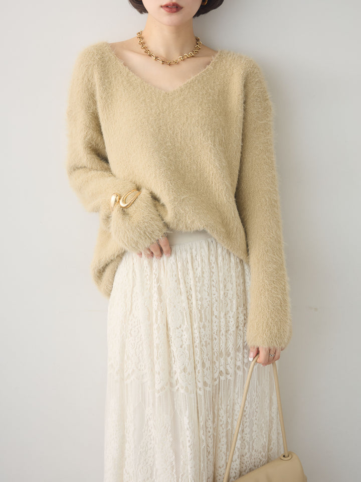 [予約]シャギーVネックニットトップス/beige