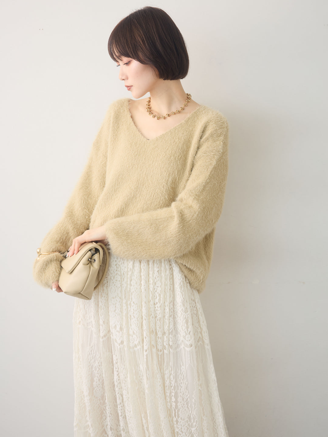 [予約]シャギーVネックニットトップス/beige