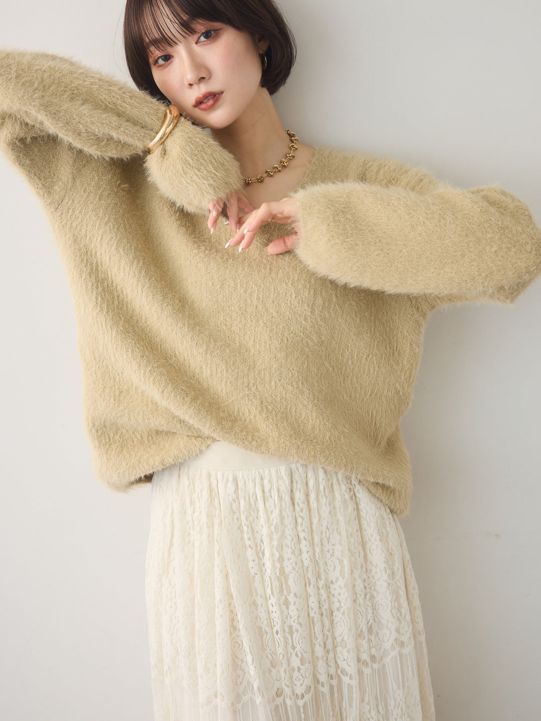 [予約]シャギーVネックニットトップス/beige