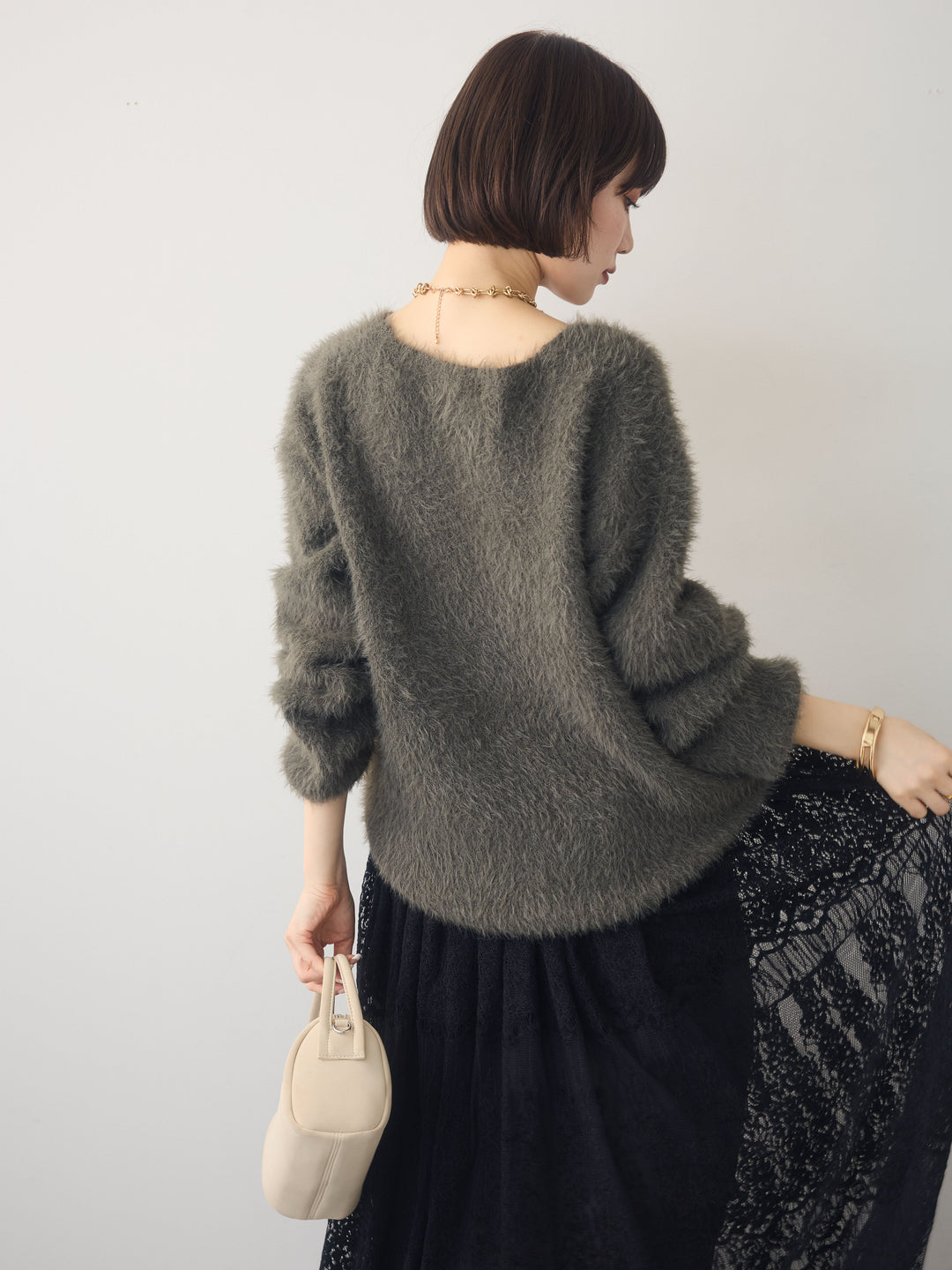 [予約]シャギーVネックニットトップス/khaki