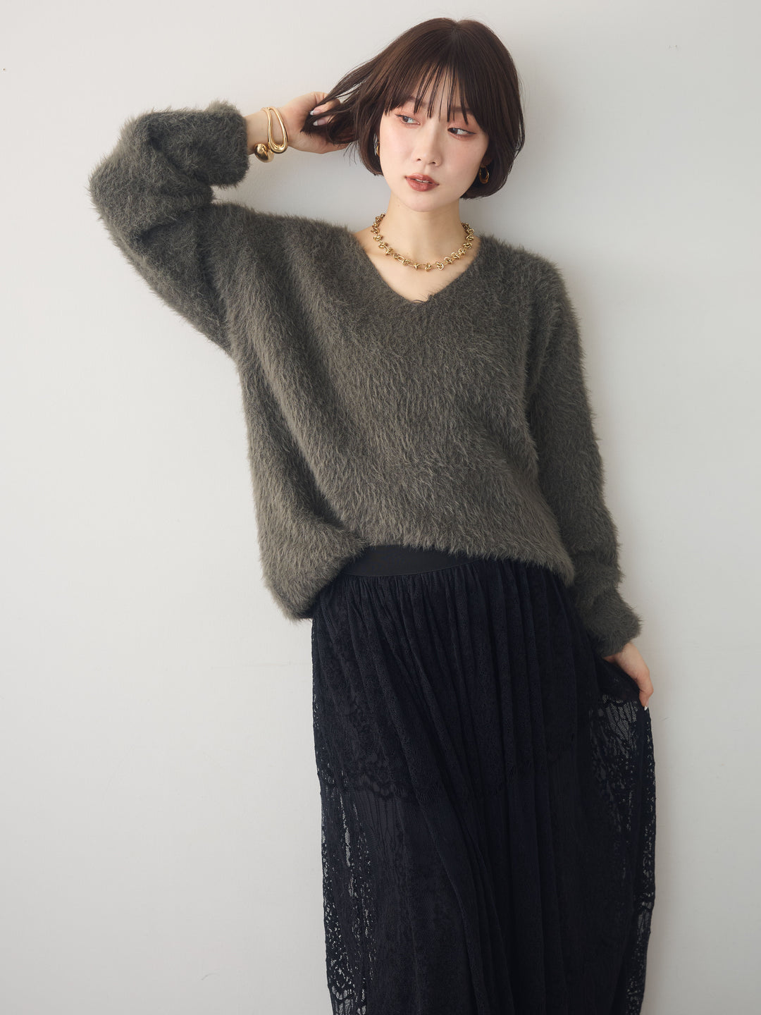 [予約]シャギーVネックニットトップス/khaki