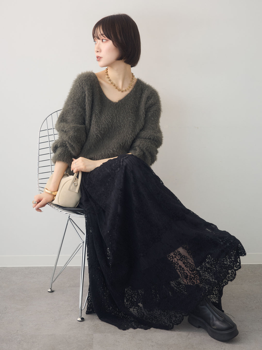 [予約]シャギーVネックニットトップス/khaki